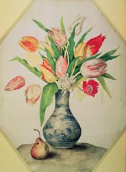 Blå porcelænsvase med tulipaner (tempera på pergament)